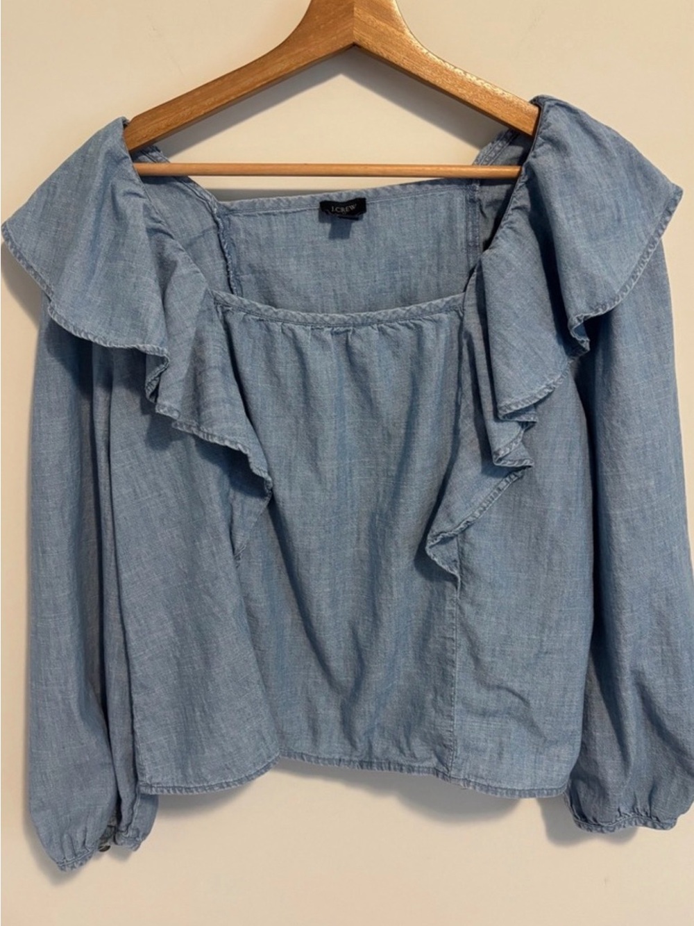 J.Crew Re-Imagined Blue Chambray Ruffle Square Neck Top Large Long Sleeve costal